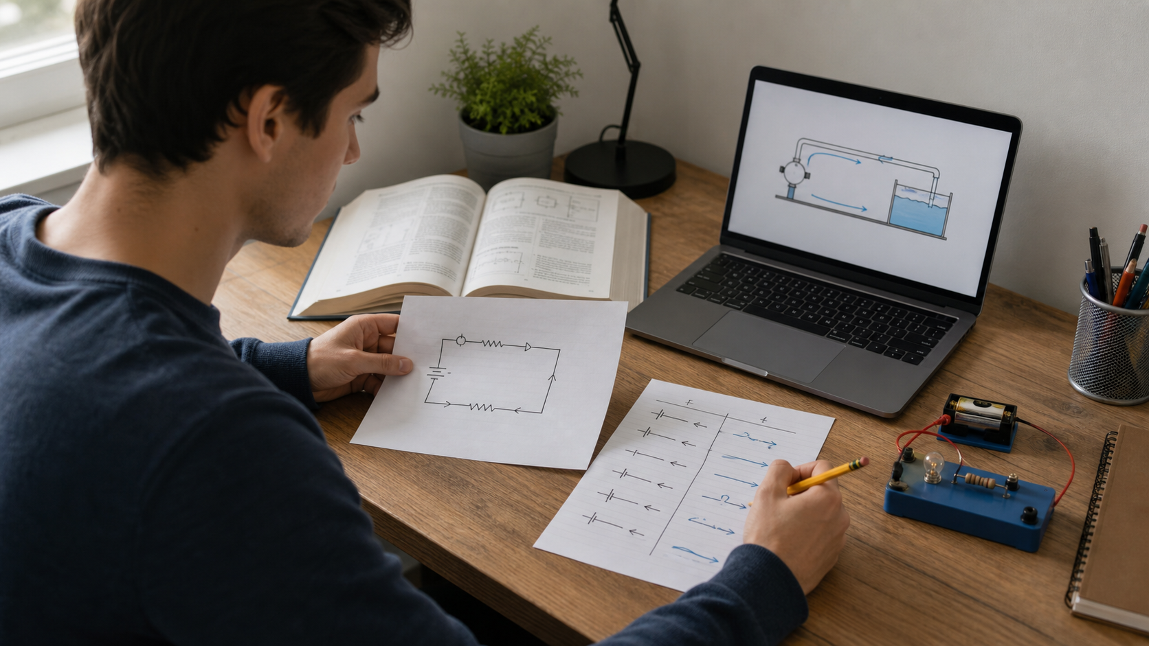 Adult learner comparing an electric circuit sketch with a water-system analogy and a handwritten mapping worksheet