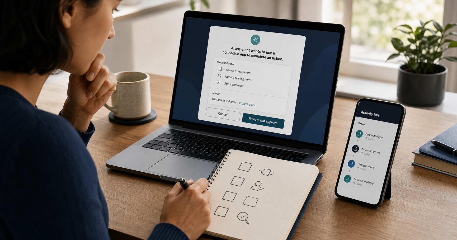 Adult learner comparing a generic AI app approval card with a written scope checklist and an external activity log