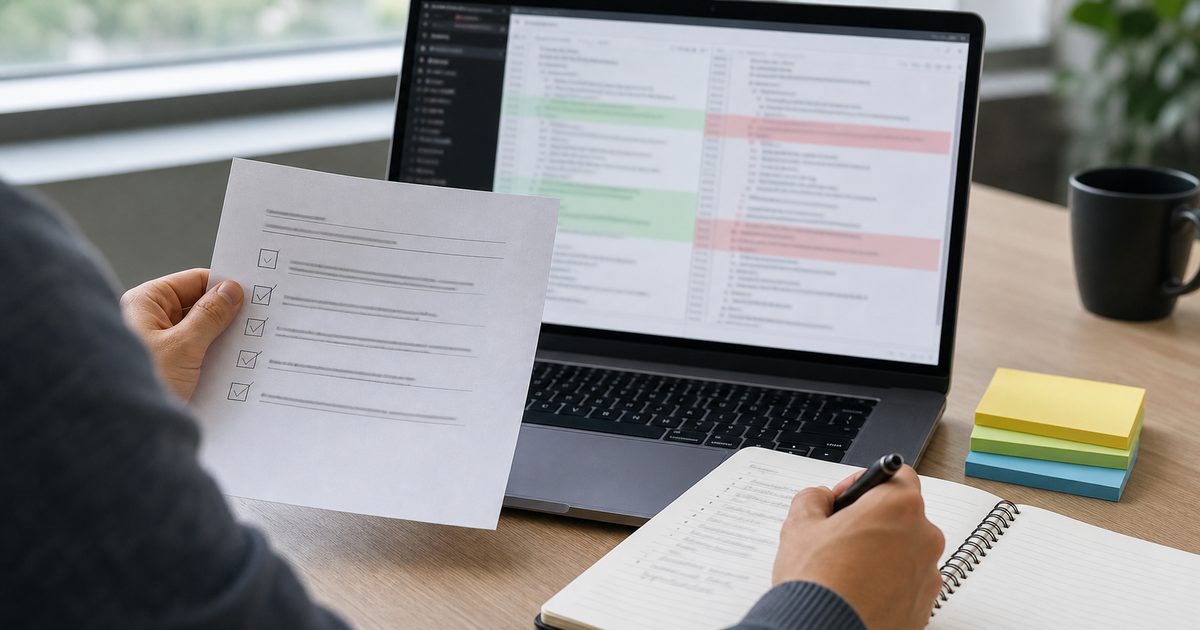 Realistic developer desk with a laptop code diff, checklist page, notebook, and person reviewing AI-generated changes