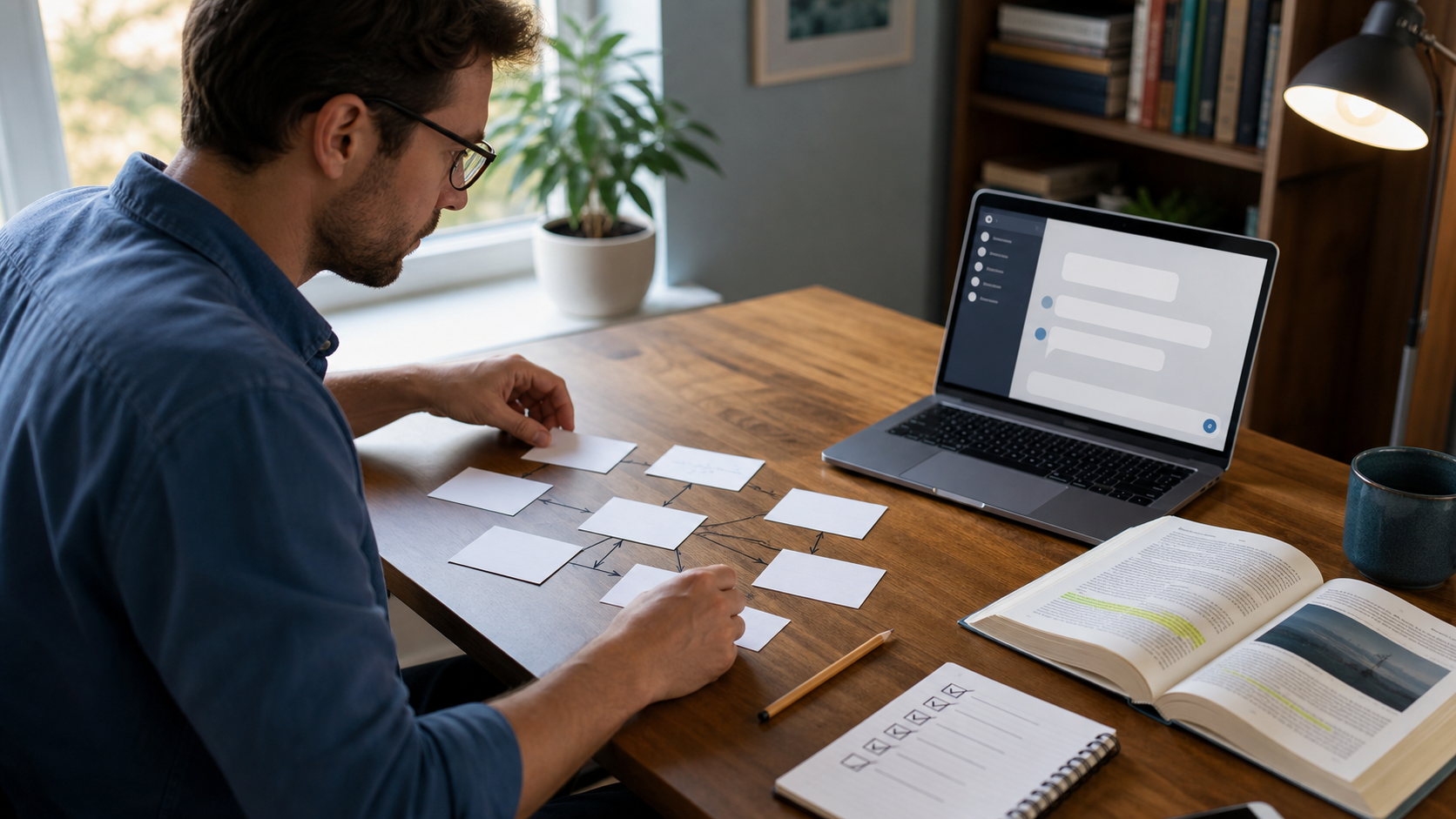 Adult learner arranging paper concept cards and arrows beside an AI chat, an open source book, and a verification checklist