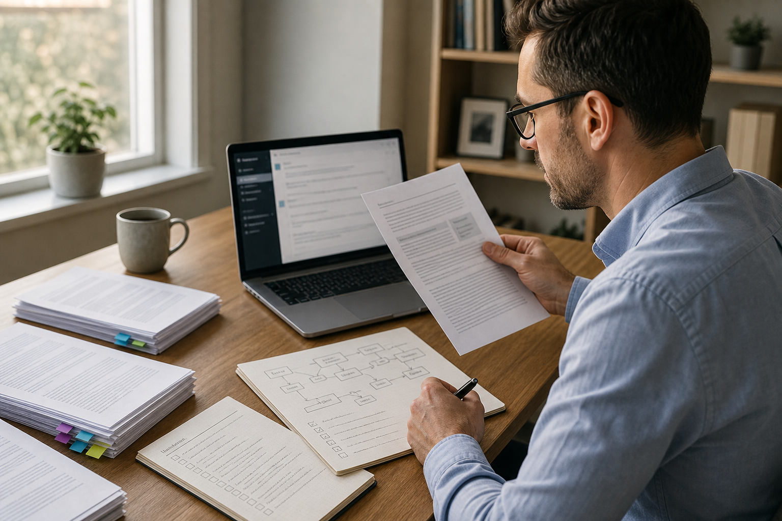 Adult learner organizing several tabbed document stacks and a verification checklist beside a laptop