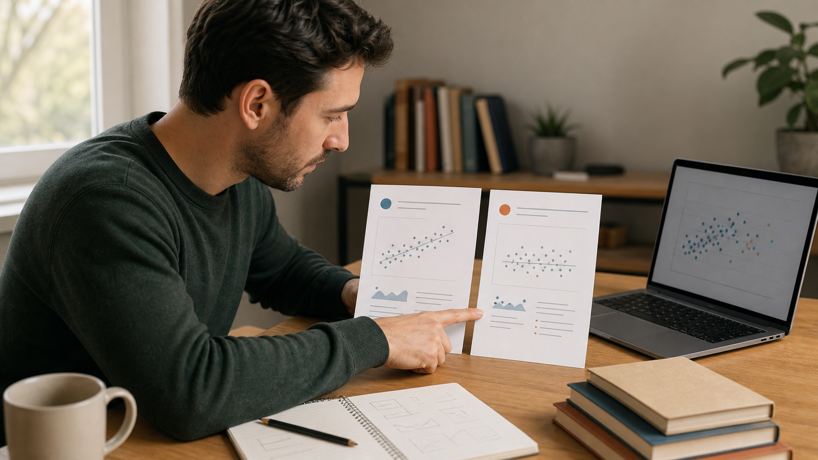 Adult learner comparing two printed scatterplots beside a laptop and handwritten statistics notes