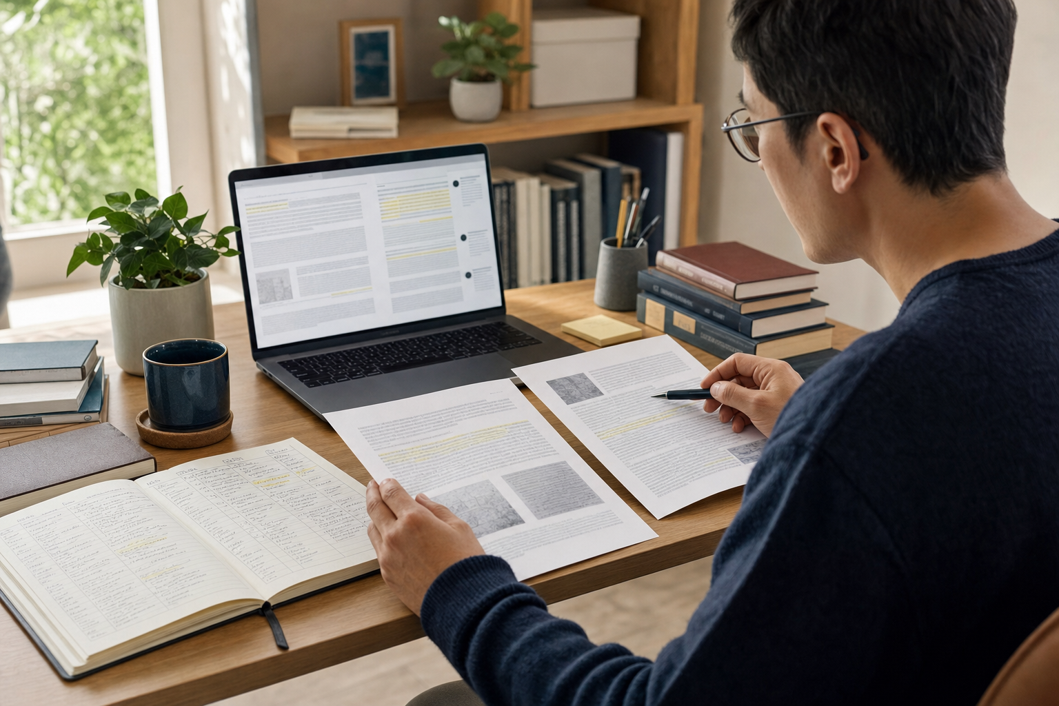 Researcher comparing an AI-generated report on a laptop with printed primary sources and a handwritten evidence ledger