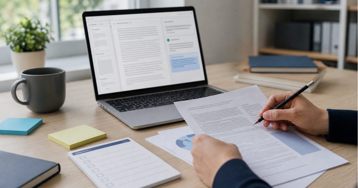 Realistic office desk with a laptop, printed report pages, notes, and a person checking a document summary