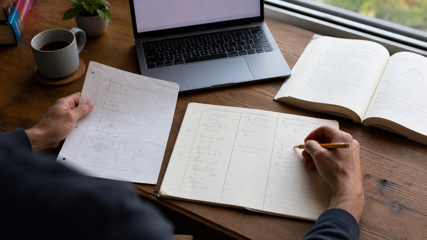 Adult learner comparing a statistics attempt with a handwritten error log beside a laptop and open reference book
