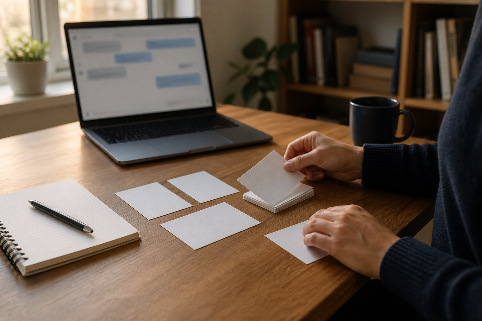 Adult learner sorting blank study cards beside a notebook and a laptop with a blurred chat interface