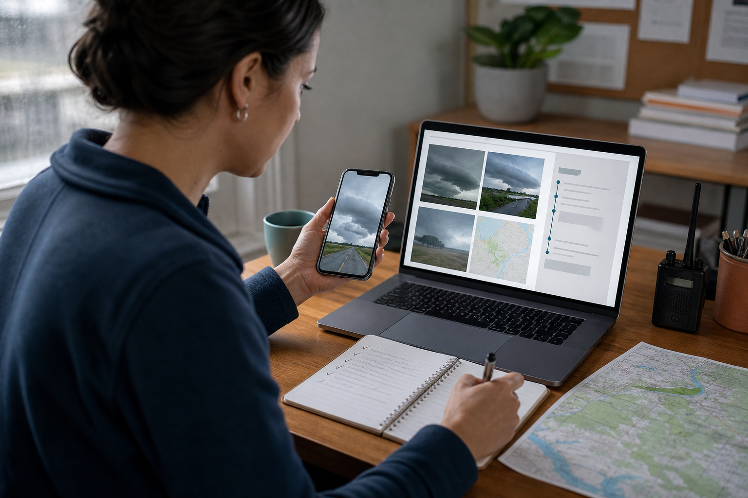 Community volunteer comparing a storm image on a phone with reverse-search results, a map, and provenance information on a laptop
