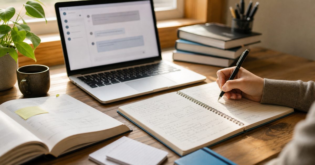 Realistic study desk with a laptop, open notebook, books, and a person writing their own explanation