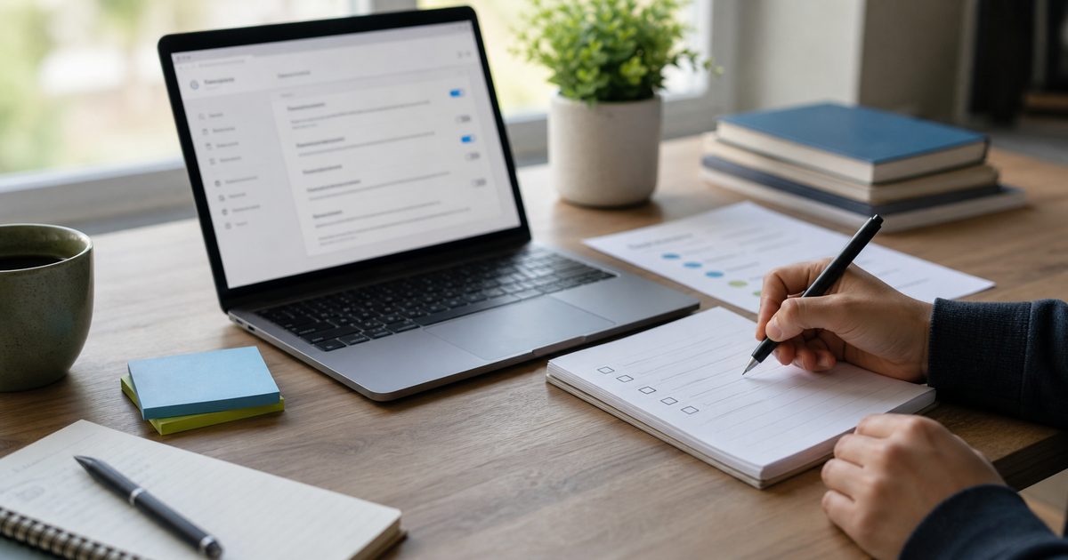 Realistic office desk with a laptop settings screen, privacy checklist, notebook, and person reviewing AI memory choices
