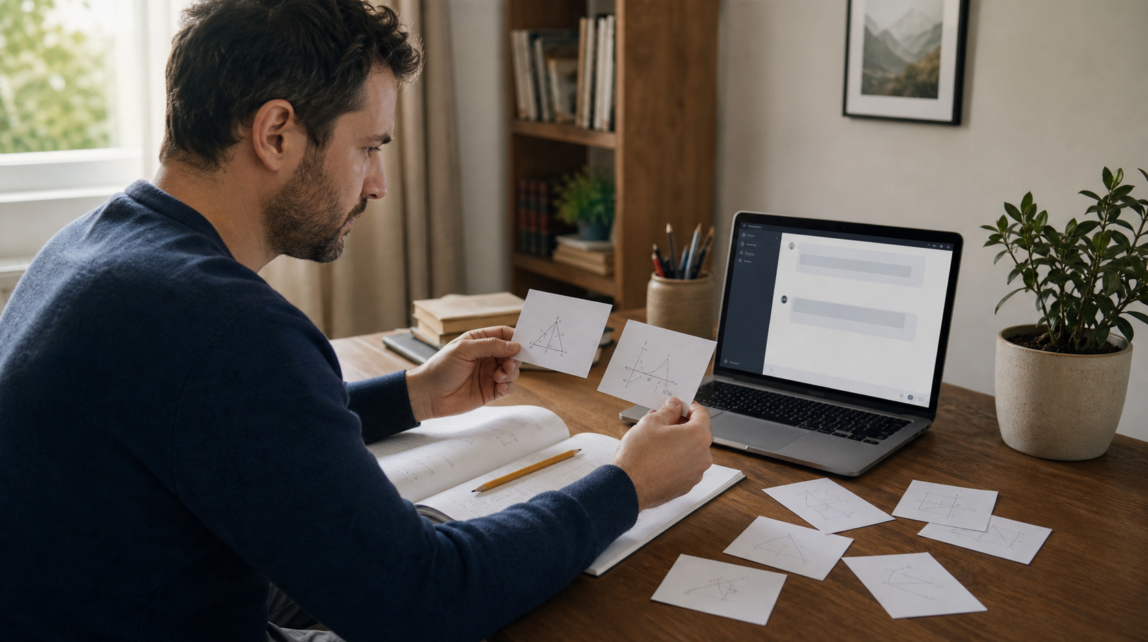 Adult learner comparing shuffled mathematics problem cards beside a laptop with an AI chat and an open workbook