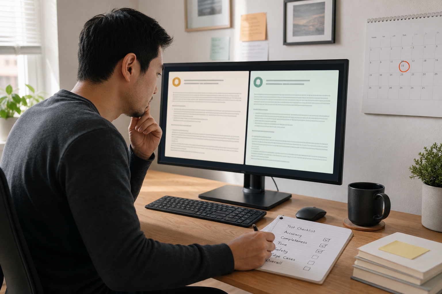 Software practitioner comparing old and replacement AI outputs beside a migration test checklist and deadline calendar