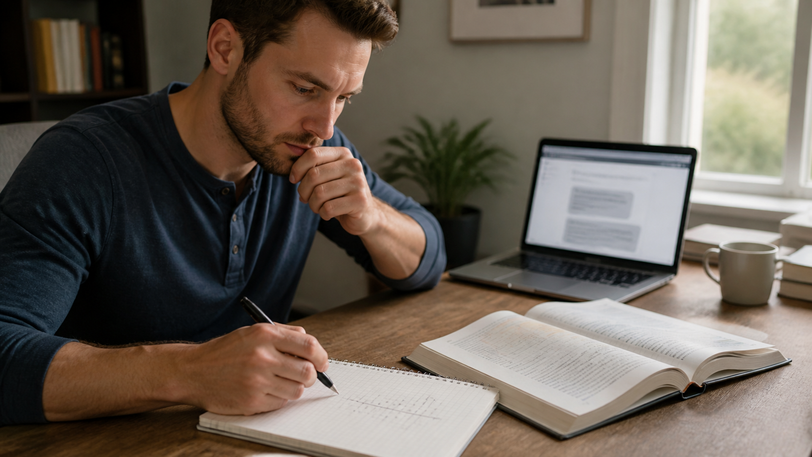 Adult learner writing a first answer in a notebook beside an open statistics book and a laptop with an AI assistant