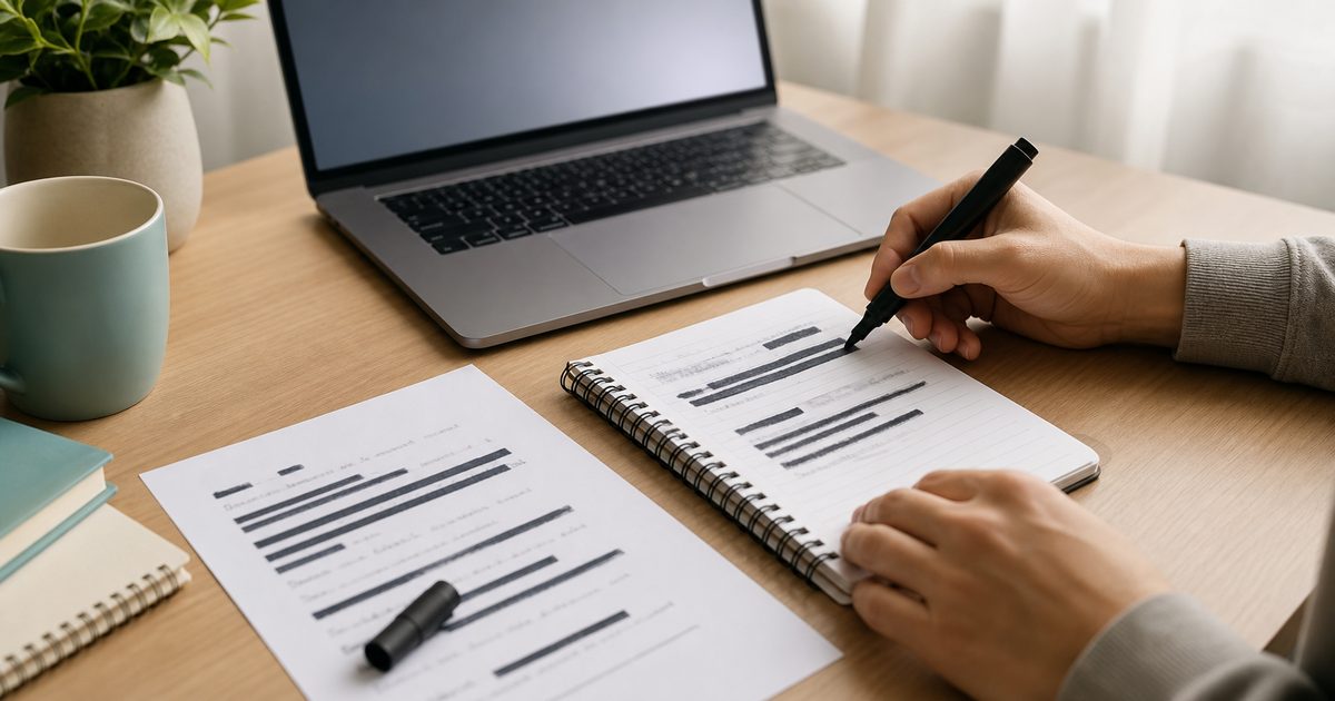 Realistic desk scene with a laptop, notebook, and private notes being redacted with a black marker
