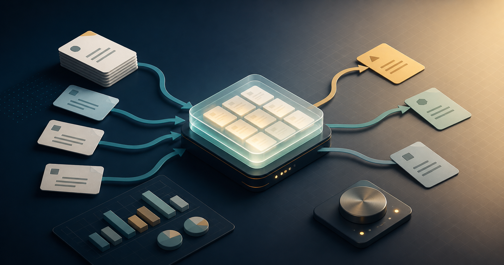 Editorial illustration of repeated prompt cards flowing through a shared cache tile toward measured AI outputs