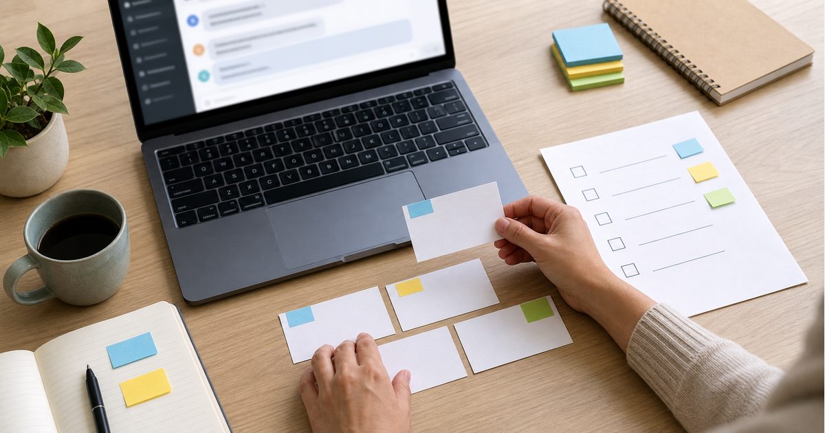 Realistic desk scene with a laptop, prompt cards, sticky notes, and a testing checklist