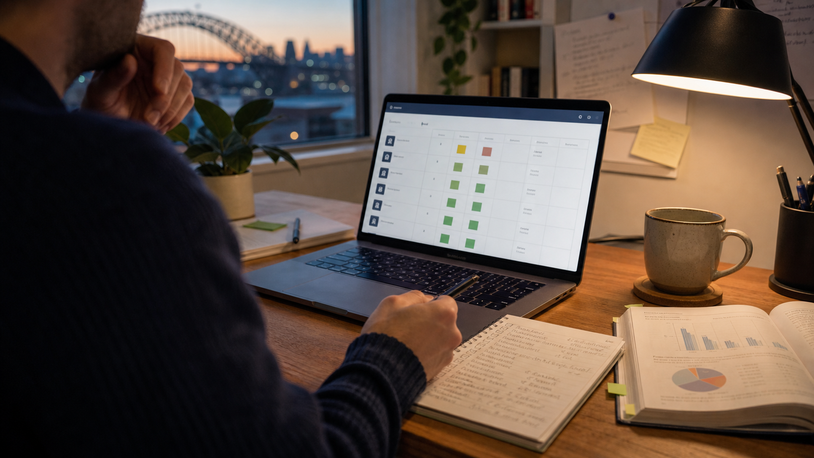 Adult learner auditing a quiz blueprint on a laptop beside a statistics book and handwritten checklist