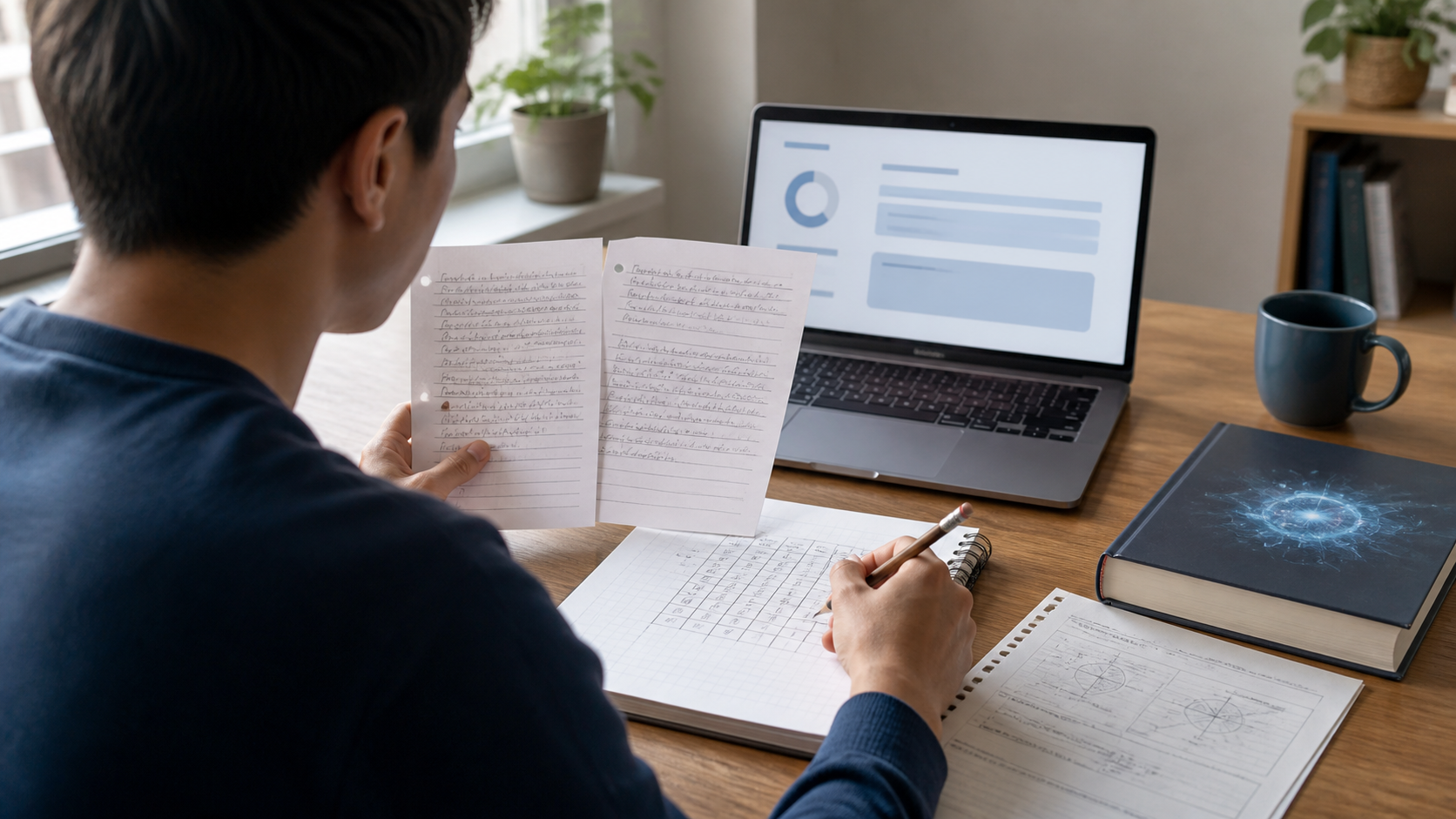 Adult learner comparing two sample answers with a handwritten rubric beside a laptop showing an AI feedback interface
