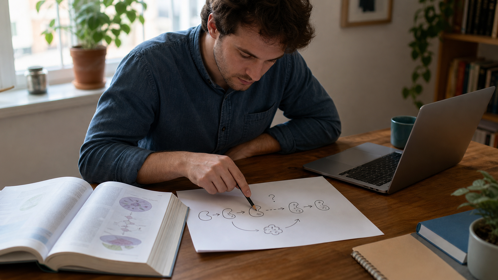 Adult learner pointing to a missing link in a hand-drawn enzyme explanation beside a biology textbook and laptop