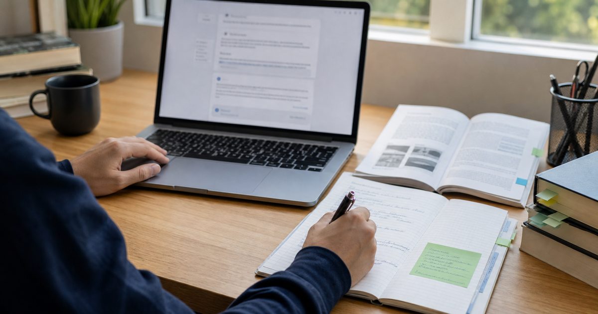 Realistic research desk with a laptop, open reference book, notebook, and source-check notes