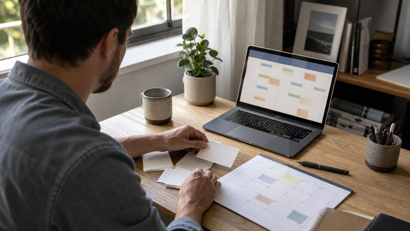Adult learner arranging study cards beside a paper review calendar and a laptop showing an abstract schedule grid
