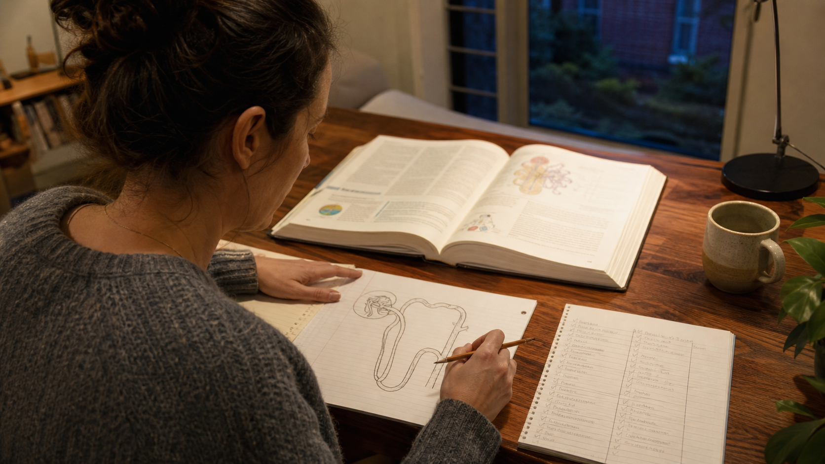 Adult learner checking a hand-drawn biology process sketch against a textbook and evidence ledger
