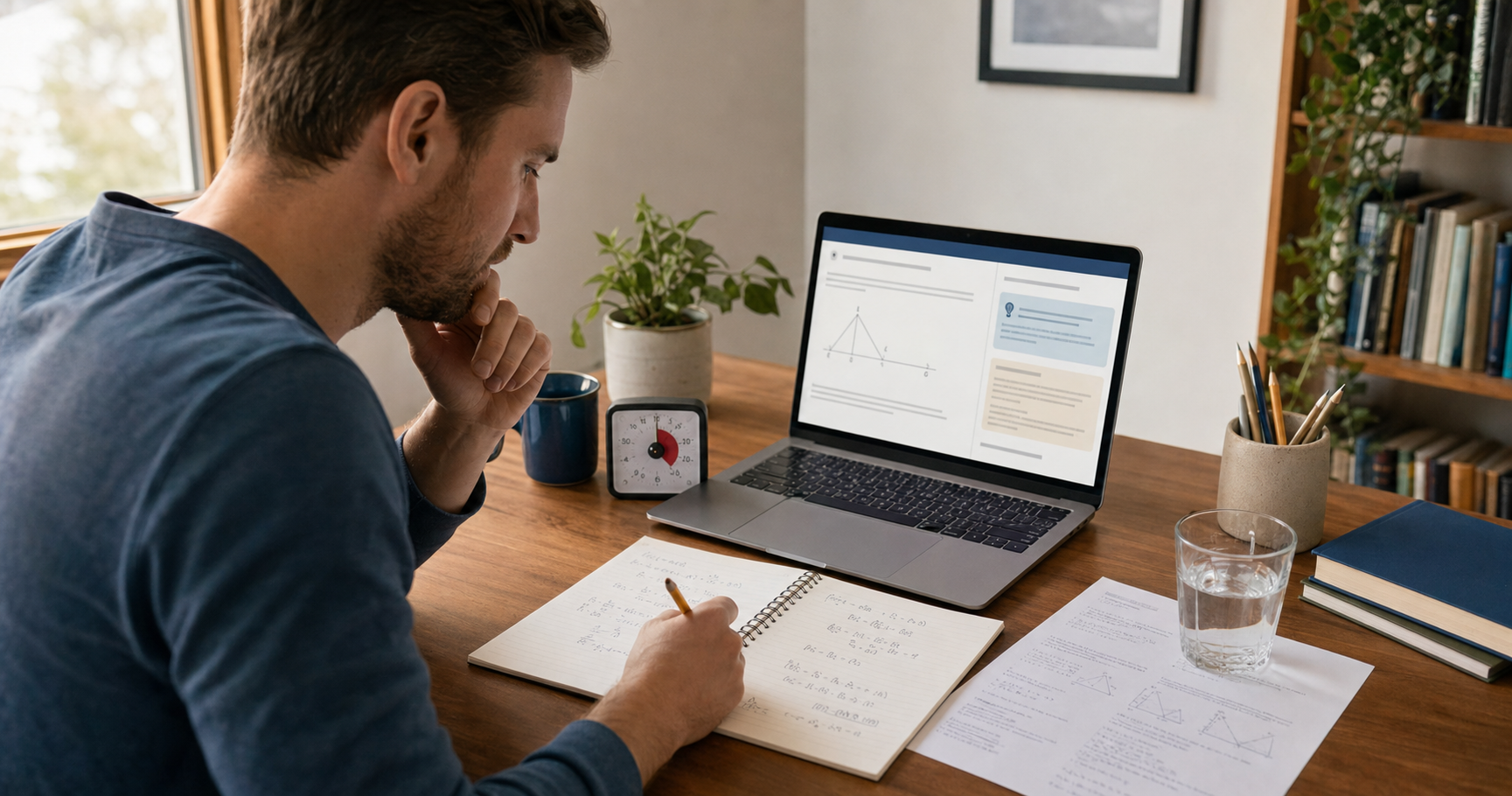 Realistic adult learner writing mathematics steps in a notebook beside a laptop showing a generic AI tutoring interface