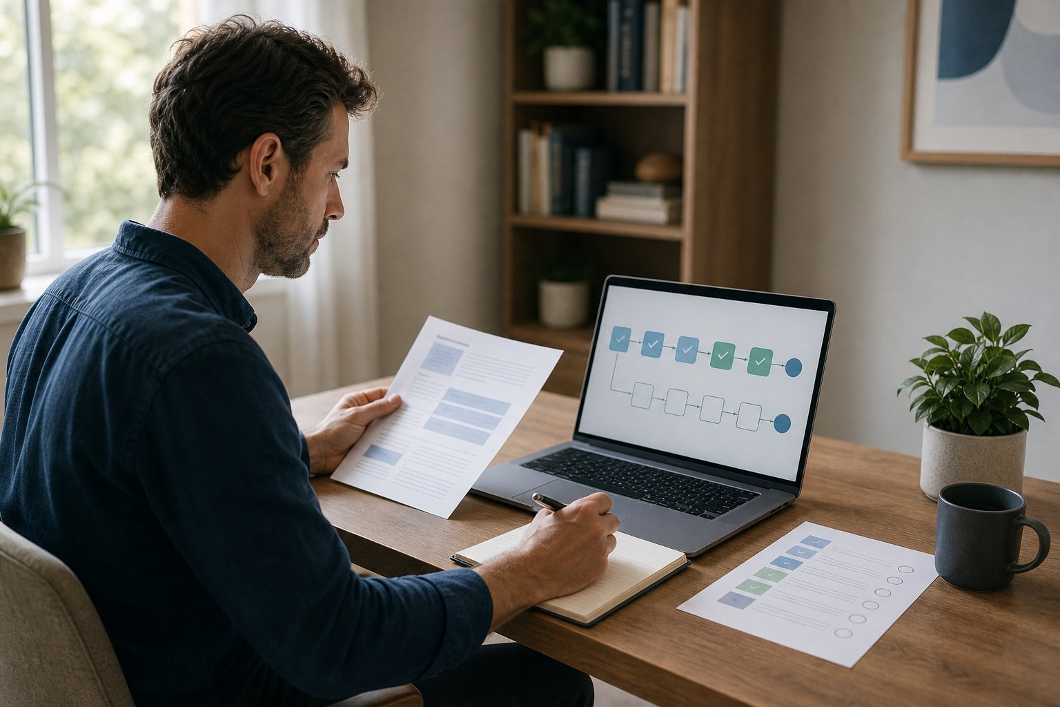 Knowledge worker comparing an AI task progress screen with a printed brief and review checklist