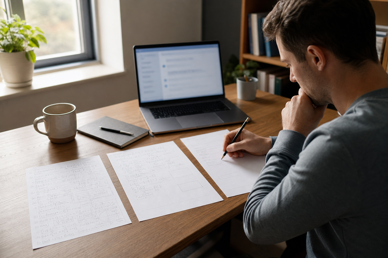 Adult learner working across three practice sheets that progress from a complete solution to a mostly blank problem beside a laptop