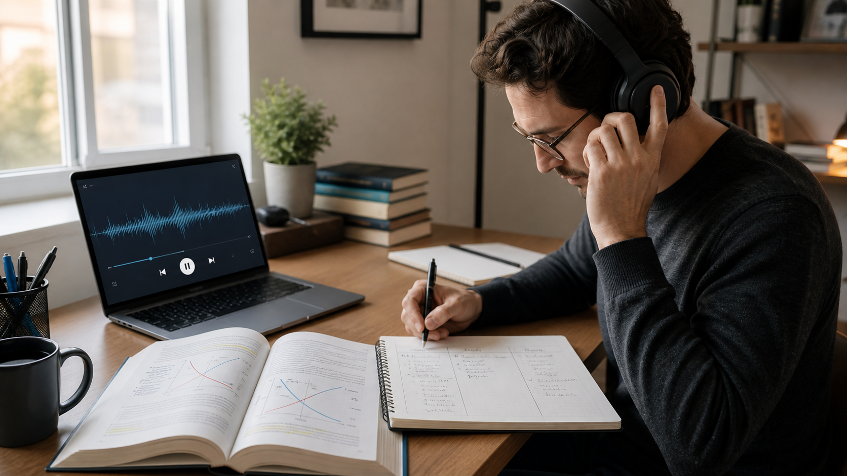 Adult learner pauses an AI audio overview to write notes beside an open economics textbook